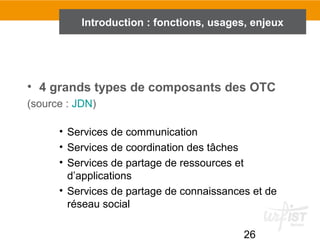 26
Introduction : fonctions, usages, enjeux
• 4 grands types de composants des OTC
(source : JDN)
• Services de communication
• Services de coordination des tâches
• Services de partage de ressources et
d’applications
• Services de partage de connaissances et de
réseau social
 