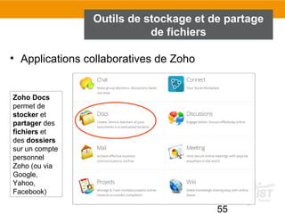 55
• Applications collaboratives de Zoho
Outils de stockage et de partage
de fichiers
Zoho Docs
permet de
stocker et
partager des
fichiers et
des dossiers
sur un compte
personnel
Zoho (ou via
Google,
Yahoo,
Facebook)
 