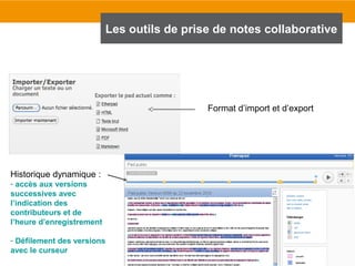101
Les outils de prise de notes collaborative
Format d’import et d’export
Historique dynamique :
- accès aux versions
successives avec
l’indication des
contributeurs et de
l’heure d’enregistrement
- Défilement des versions
avec le curseur
 