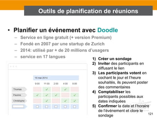 121
• Planifier un événement avec Doodle
– Service en ligne gratuit (+ version Premium)
– Fondé en 2007 par une startup de Zurich
– 2014: utilisé par + de 20 millions d’usagers
– service en 17 langues
Outils de planification de réunions
1) Créer un sondage
2) Inviter des participants en
diffusant le lien
3) Les participants votent en
cochant le jour et l’heure
souhaités, ils peuvent poster
des commentaires
4) Comptabiliser les
participants possibles aux
dates indiquées
5) Confirmer la date et l’horaire
de l’événement et clore le
sondage
 