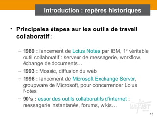 13
• Principales étapes sur les outils de travail
collaboratif :
– 1989 : lancement de Lotus Notes par IBM, 1er
véritable
outil collaboratif : serveur de messagerie, workflow,
échange de documents…
– 1993 : Mosaic, diffusion du web
– 1996 : lancement de Microsoft Exchange Server,
groupware de Microsoft, pour concurrencer Lotus
Notes
– 90’s : essor des outils collaboratifs d’internet ;
messagerie instantanée, forums, wikis…
Introduction : repères historiques
 