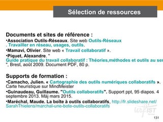 131
Sélection de ressources
Documents et sites de référence :
•Association Outils-Réseaux. Site web Outils-Réseaux
. Travailler en réseau, usages, outils.
•Mamavi, Olivier. Site web « Travail collaboratif ».
•Piquet, Alexandre. "
Guide pratique du travail collaboratif : Théories,méthodes et outils au ser
", Brest, août 2009. Document PDF, 80 p.
Supports de formation :
•Camacho, Julien. « Cartographie des outils numériques collaboratifs ».
Carte heuristique sur MindMeister
•Guinaudeau, Guillaume. "Outils collaboratifs". Support ppt, 95 diapos. 4
septembre 2013. Màj mars 2015.
•Maréchal, Maude. La boîte à outils collaboratifs, http://fr.slideshare.net/
SarahThielens/marchal-une-bote-outils-collaboratifs
 