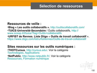 Ressources de veille :
•Blog « Les outils collaboratifs ». http://outilscollaboratifs.com/
•TUICE-Université-Secondaire / Outils collaboratifs, http://
www.scoop.it/t/tuice/?tag=Outils+collaboratifs
•URFIST de Rennes. Liste Diigo « Outils de travail collaboratif ».
https://www.diigo.com/list/urfistrennes/Outils-de-travail-collaboratif
Sites ressources sur les outils numériques :
•THOTCursus. http://cursus.edu/. Voir la catégorie
Technologies, Applications
•NetPublic. http://www.netpublic.fr/. Voir la catégorie
Ressources, Formation numérique
132
Sélection de ressources
 