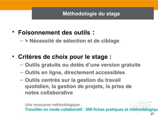 27
• Foisonnement des outils :
– > Nécessité de sélection et de ciblage
• Critères de choix pour le stage :
– Outils gratuits ou dotés d’une version gratuite
– Outils en ligne, directement accessibles
– Outils centrés sur la gestion du travail
quotidien, la gestion de projets, la prise de
notes collaborative
Une ressource méthodologique :
Travailler en mode collaboratif : 200 fiches pratiques et méthodologique
Méthodologie du stage
 