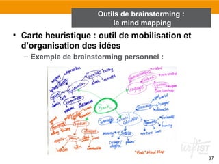 • Carte heuristique : outil de mobilisation et
d’organisation des idées
– Exemple de brainstorming personnel :
Outils de brainstorming :
le mind mapping
37
 