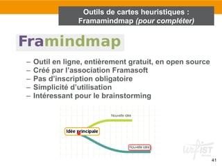 41
– Outil en ligne, entièrement gratuit, en open source
– Créé par l’association Framasoft
– Pas d’inscription obligatoire
– Simplicité d’utilisation
– Intéressant pour le brainstorming
Outils de cartes heuristiques :
Framamindmap (pour compléter)
 