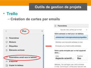 51
Outils de gestion de projets
• Trello
– Création de cartes par emails
 