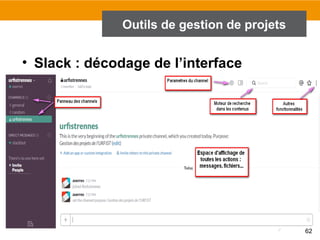 62
Outils de gestion de projets
• Slack : décodage de l’interface
 