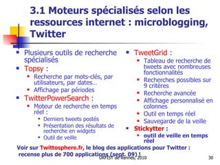 3.1 Moteurs spécialisés selon les ressources internet   : microblogging, Twitter <ul><li>Plusieurs outils de recherche spé...