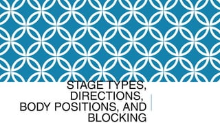 STAGE TYPES, 
DIRECTIONS, 
BODY POSITIONS, AND 
BLOCKING 
 