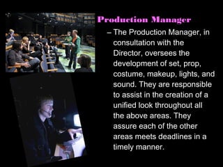 Production Manager
 – The Production Manager, in
   consultation with the
   Director, oversees the
   development of set, prop,
   costume, makeup, lights, and
   sound. They are responsible
   to assist in the creation of a
   unified look throughout all
   the above areas. They
   assure each of the other
   areas meets deadlines in a
   timely manner.
 