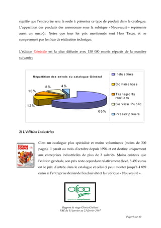 Rapport de stage Gloria Giuliani
PAE du 15 janvier au 23 février 2007
Page 9 sur 40
R ép artitio n d es en v o is d u ca talo g u e G én é ral
1 0 %
8 % 4 %
1 2 %
6 6 %
In d u s trie s
C o m m e rc e s
T ra n s p o rts
ro u tie rs
S e rv ic e P u b lic
P re s c rip te u rs
signifie que l’entreprise sera la seule à présenter ce type de produit dans le catalogue.
L’apparition des produits des annonceurs sous la rubrique « Nouveauté » représente
aussi un surcoût. Notez que tous les prix mentionnés sont Hors Taxes, et ne
comprennent pas les frais de réalisation technique.
L’édition Générale est la plus diffusée avec 150 000 envois répartis de la manière
suivante :
2) L’édition Industries
C’est un catalogue plus spécialisé et moins volumineux (moins de 300
pages). Il paraît au mois d’octobre depuis 1998, et est destiné uniquement
aux entreprises industrielles de plus de 3 salariés. Moins coûteux que
l’édition générale, son prix reste cependant relativement élevé. 3 490 euros
est le prix d’entrée dans le catalogue et celui ci peut monter jusqu’à 4 889
euros si l’entreprise demande l’exclusivité et la rubrique « Nouveauté ».
 