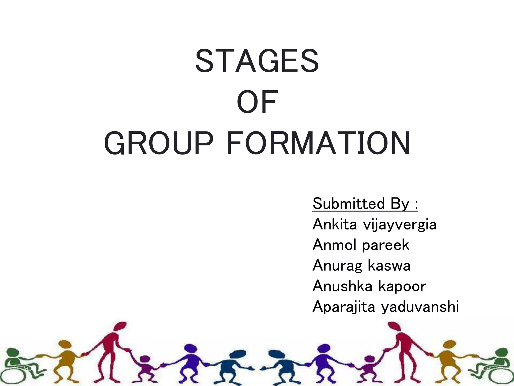 STAGES
OF
GROUP FORMATION
Submitted By :
Ankita vijayvergia
Anmol pareek
Anurag kaswa
Anushka kapoor
Aparajita yaduvanshi
 