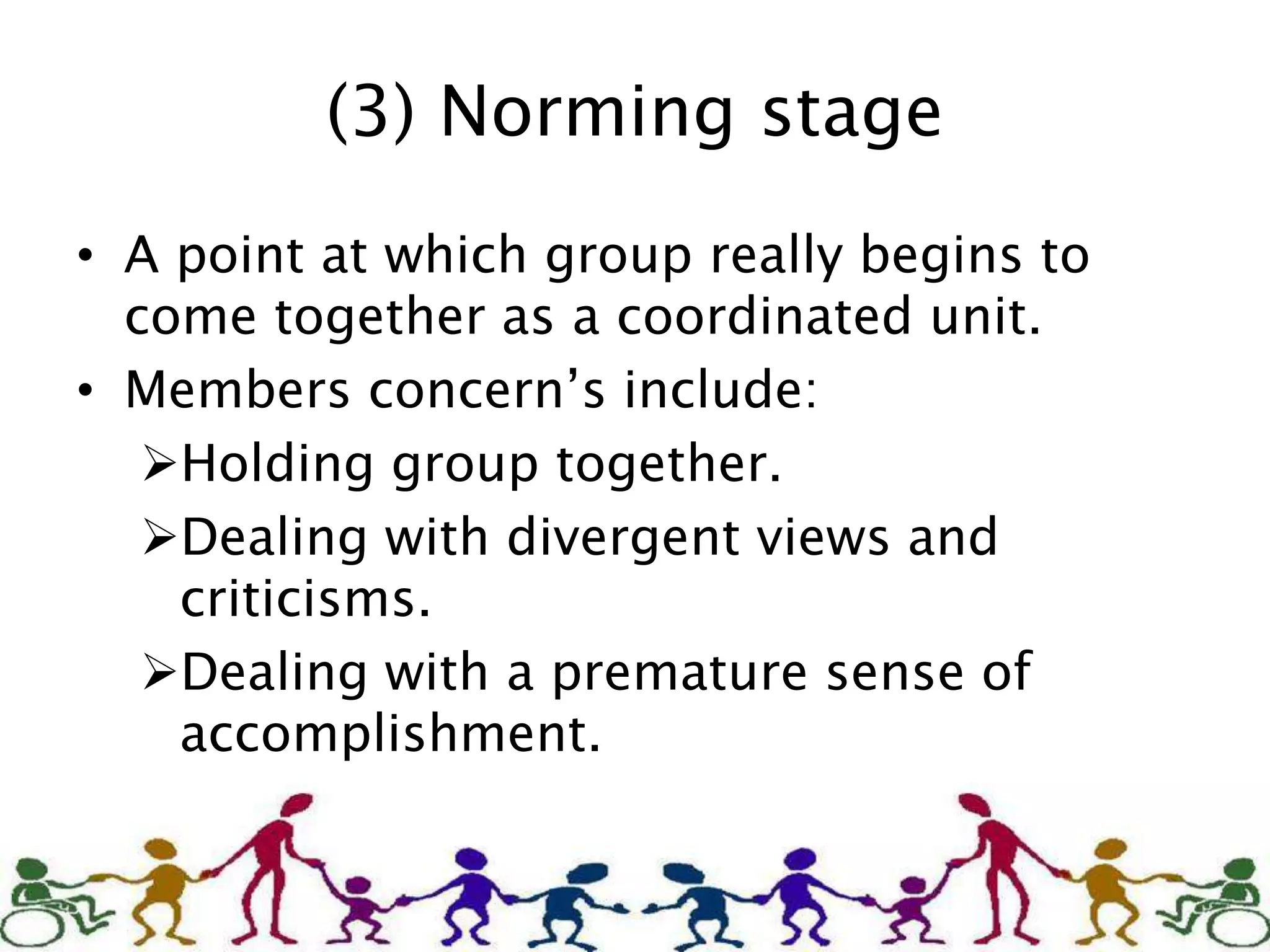(3) Norming stage
• A point at which group really begins to
come together as a coordinated unit.
• Members concern’s include:
Holding group together.
Dealing with divergent views and
criticisms.
Dealing with a premature sense of
accomplishment.
 