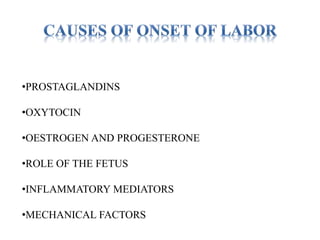 •PROSTAGLANDINS
•OXYTOCIN
•OESTROGEN AND PROGESTERONE
•ROLE OF THE FETUS
•INFLAMMATORY MEDIATORS
•MECHANICAL FACTORS
 