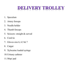1. Speculum
2. Artery forceps
3. Needle holder
4. Thumb forceps
5. Scissors- straight & curved
6. Cord tie
7. Gloves size 6, 6.5 & 7
8. Catgut
9. Xylocaine loaded syringe
10.Urinary catheter
11.Mop/ pad
 