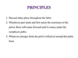 1. Descent takes place throughout the labor
2. Whichever part leads and first meets the resistance of the
pelvic floor will rotate forward until it comes under the
symphysis pubis.
3. Whatever emerges from the pelvis will pivot around the pubic
bone
 