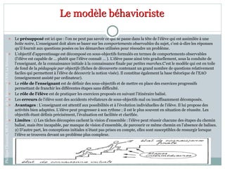 Le modèle béhavioriste
 Le présupposé est ici que : l’on ne peut pas savoir ce qui se passe dans la tête de l’élève qui est assimilée à une
boîte noire, L’enseignant doit alors se baser sur les comportements observables du sujet, c’est-à-dire les réponses
qu’il fournit aux questions posées ou les démarches utilisées pour résoudre un problème.
 L’objectif d’apprentissage est décomposé en sous-objectifs formulés en termes de comportements observables
(l’élève est capable de … plutôt que l’élève connaît … ). L’élève passe ainsi très graduellement, sous la conduite de
l’enseignant, de la connaissance initiale à la connaissance finale par petites marches.C’est le modèle qui est en toile
de fond de la pédagogie par objectifs (fiches de découverte contenant un grand nombre de questions relativement
faciles qui permettent à l’élève de découvrir la notion visée). Il constitue également la base théorique de l’EAO
(enseignement assisté par ordinateur).
 Le rôle de l’enseignant est de définir des sous-objectifs et de mettre en place des exercices progressifs
permettant de franchir les différentes étapes sans difficulté.
 Le rôle de l’élève est de pratiquer les exercices proposés en suivant l’itinéraire balisé.
 Les erreurs de l’élève sont des accidents révélateurs de sous-objectifs mal ou insuffisamment décomposés.
 Avantages : L’enseignant est attentif aux possibilités et à l’évolution individuelles de l’élève. Il lui propose des
activités bien adaptées. L’élève peut progresser à son rythme ; il est le plus souvent en situation de réussite. Les
objectifs étant définis précisément, l’évaluation est facilitée et clarifiée.
 Limites : 1) Les tâches découpées cachent la vision d’ensemble : l’élève peut réussir chacune des étapes du chemin
balisé, mais être incapable, par manque de vision d’ensemble, de parcourir ce même chemin en l’absence de balises.
2) D’autre part, les conceptions initiales n’étant pas prises en compte, elles sont susceptibles de ressurgir lorsque
l’élève se trouvera devant un problème plus complexe.
PhilippeClauzard,MCFUniversitédelaRéunionIUFMLaRéunion
 
