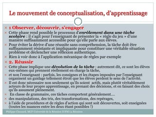 Le mouvement de conceptualisation, d’apprentissage
 1 Observer, découvrir, s’engager
 Cette phase rend possible le processus d’enrôlement dans une tâche
scolaire : il s’agit pour l’enseignant de présenter la « règle du jeu » d’une
manière suffisamment accessible pour qu’elle parle aux élèves.
 Pour éviter la dérive d’une réussite sans compréhension, la tâche doit être
suffisamment résistante et impliquante pour constituer une véritable situation
problème et déclencher une réflexion authentique.
 Rien à voir donc à l’application mécanique de règles par exemple
 2. Réussir
 Cette phase implique une dévolution de la tâche : autrement dit, ce sont les élèves
eux-mêmes qui prennent réellement en charge la tâche,
 et non l’enseignant : parfois, les consignes et les étapes imposées par l’enseignant
organisent un guidage tellement étroit que les élèves perdent le sens de l’activité.
 Il est donc nécessaire non seulement qu’ils soient actifs, mais plutôt véritablement
acteurs de leur propre apprentissage, en prenant des décisions, et en faisant des choix
qu’ils assument pleinement.
 En classe de grammaire, ces tâches comportent généralement….
 des manipulations, des tris, des transformations, des repérages,
 à l’aide de procédures et de règles d’action qui sont soit découvertes, soit enseignées
(toutes les nuances entre les deux étant possibles !)
Philippe Clauzard, MCF Université de la Réunion IUFM La Réunion
 