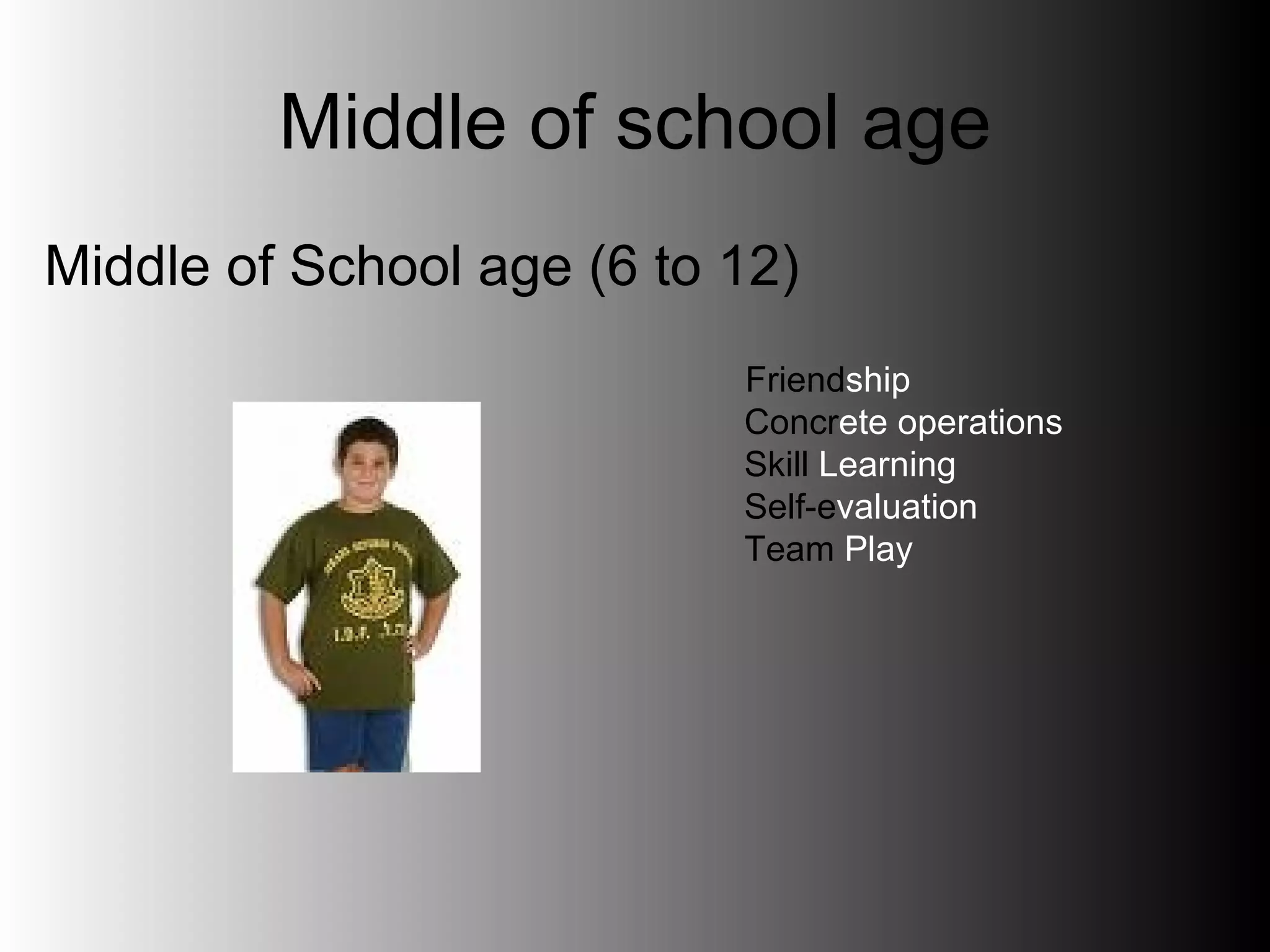 Middle of school age Middle of School age (6 to 12) Friend ship Concr ete operations Skill Learning Self-e valuation Team Play