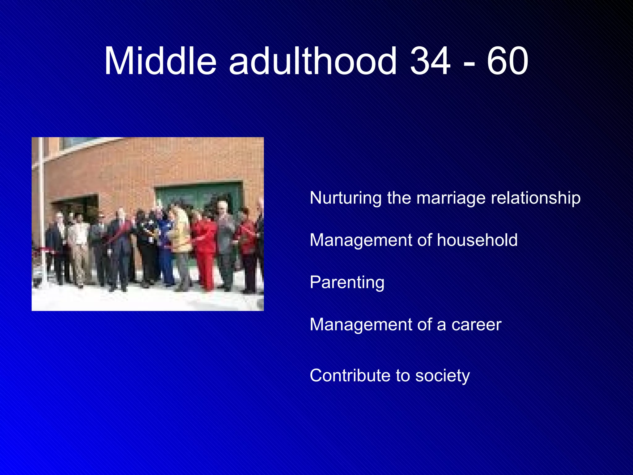 Middle adulthood 34 - 60 Nurturing the marriage relationship Management of household Parenting Management of a career Contribute to society