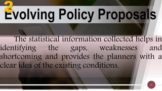 Evolving Policy Proposals
30
The statistical information collected helps in
identifying the gaps, weaknesses and
shortcoming and provides the planners with a
clear idea of the existing conditions.
2
 