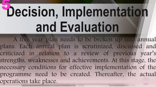 Decision, Implementation
and Evaluation
33
A five year plan needs to be broken up into annual
plans. Each annual plan is scrutinized, discussed and
criticized in relation to a review of previous year’s
strengths, weaknesses and achievements. At this stage, the
necessary conditions for effective implementation of the
programme need to be created. Thereafter, the actual
operations take place.
5
 