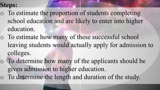 Steps:
o To estimate the proportion of students completing
school education and are likely to enter into higher
education.
o To estimate how many of these successful school
leaving students would actually apply for admission to
colleges.
o To determine how many of the applicants should be
given admission to higher education.
o To determine the length and duration of the study.
 