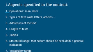 i.Aspects specified in the content:
1. Operations: scan, skim
2. Types of text: write letters, articles...
3. Addresses of the text
4. Length of texts
5. Topics
6. Structural range: that occur/ should be excluded/ a general
indication
7. Vocabulary range
 
