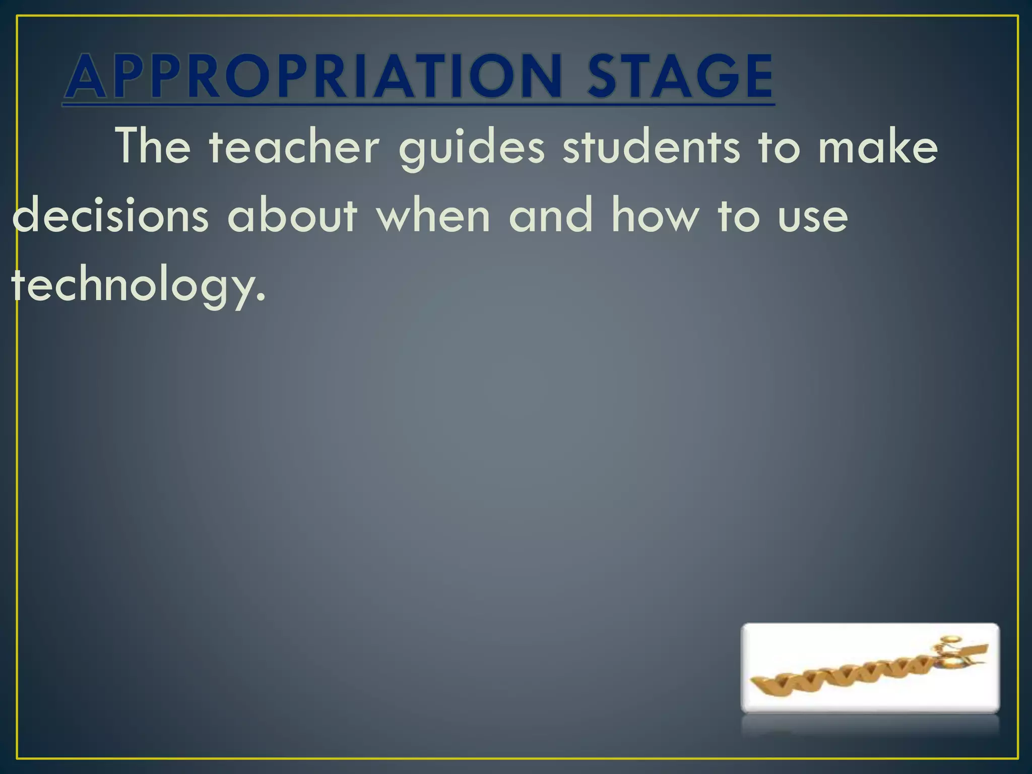 The teacher guides students to make
decisions about when and how to use
technology.
 