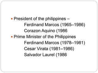  President of the philippines –
Ferdinand Marcos (1965–1986)
Corazon Aquino (1986
 Prime Minister of the Philippines
Ferdinand Marcos (1978–1981)
Cesar Virata (1981–1986)
Salvador Laurel (1986
 
