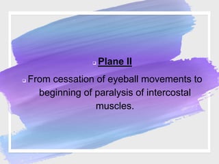  Plane II
 From cessation of eyeball movements to
beginning of paralysis of intercostal
muscles.
 