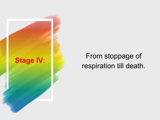 Stage IV:
◦ From stoppage of
respiration till death.
 