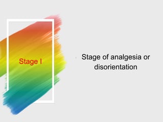 Stage I
◦ Stage of analgesia or
disorientation
 