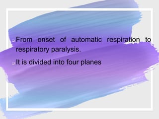  From onset of automatic respiration to
respiratory paralysis.
 It is divided into four planes
 