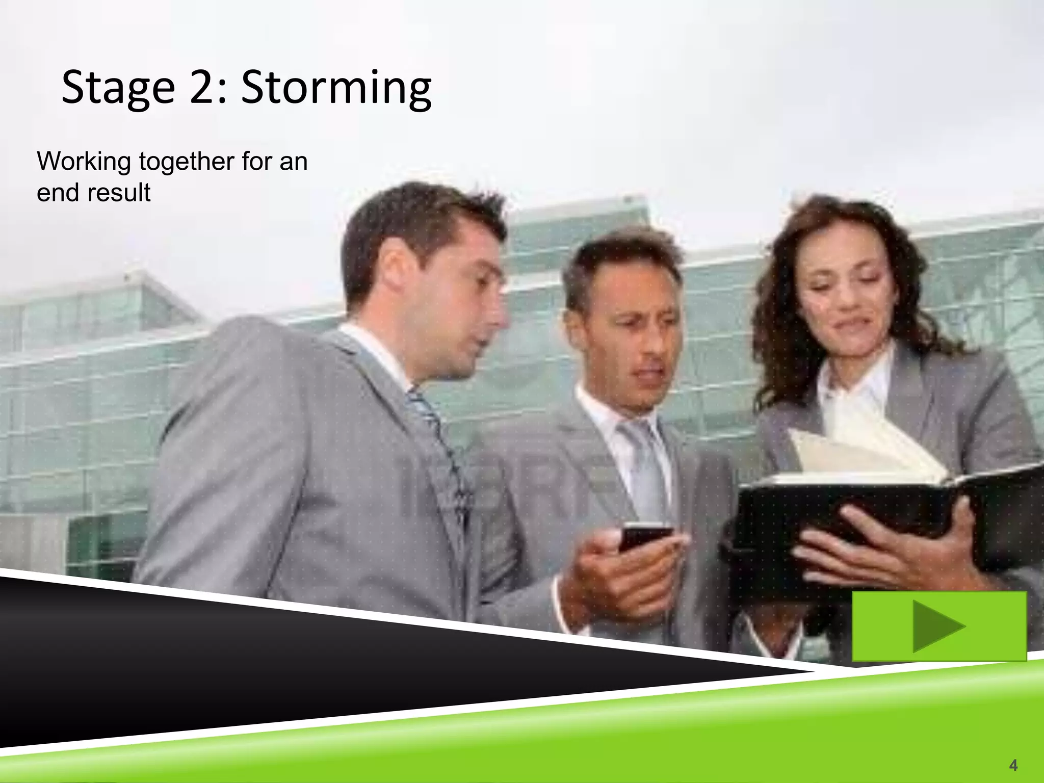 Stage 2: Storming
Working together for an
end result




                          4
 