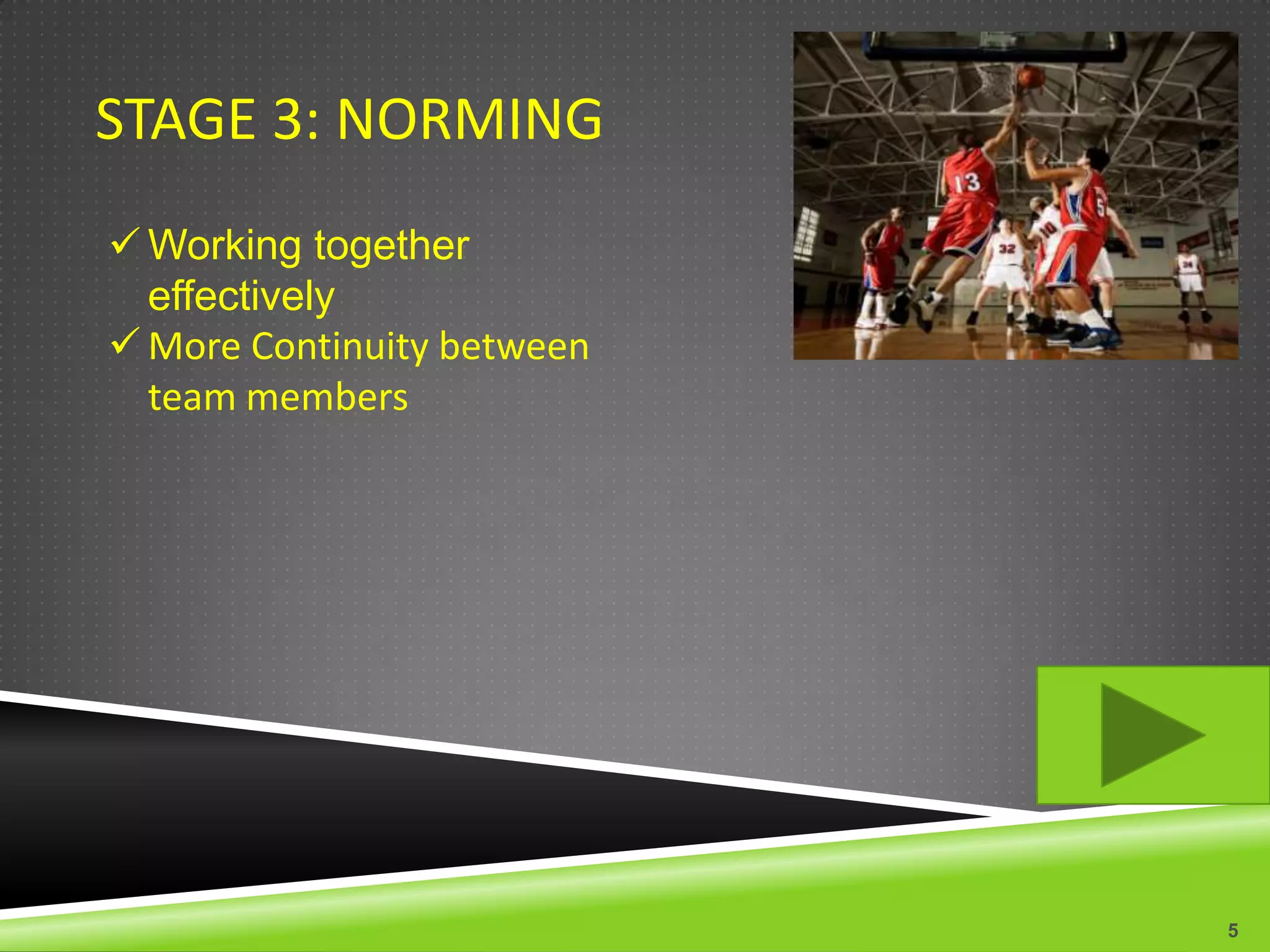 STAGE 3: NORMING
 Working together
  effectively
 More Continuity between
  team members




                            5
 