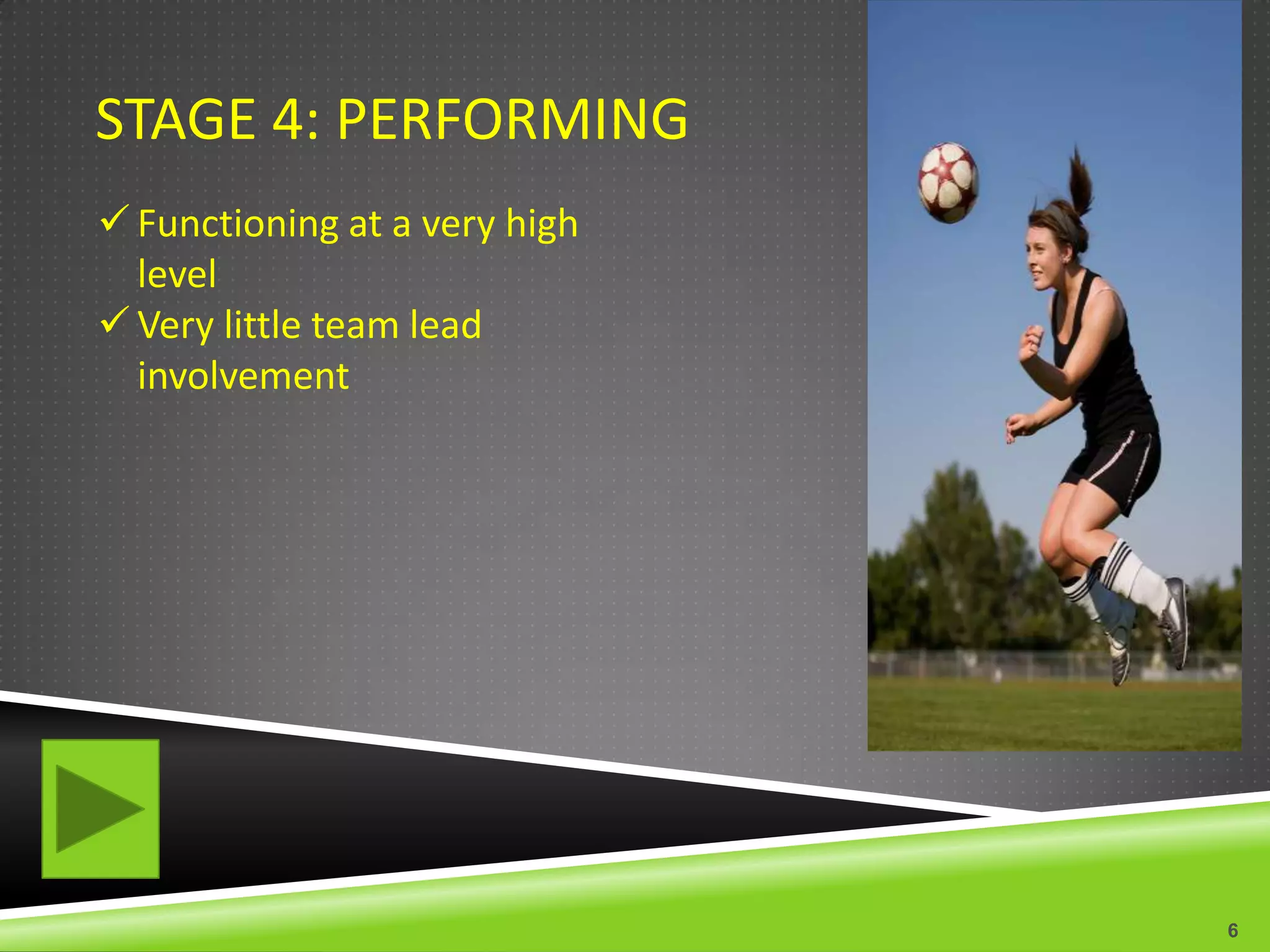 STAGE 4: PERFORMING
 Functioning at a very high
  level
 Very little team lead
  involvement




                               6
 
