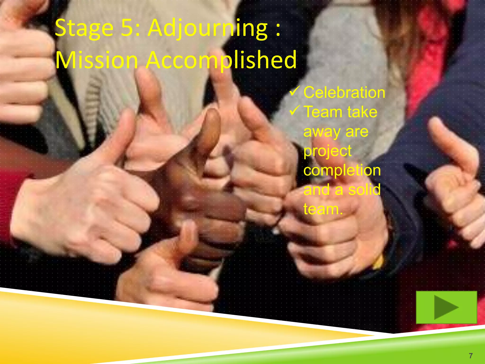 Stage 5: Adjourning :
Mission Accomplished
                     Celebration
                     Team take
                      away are
                      project
                      completion
                      and a solid
                      team.




                                    7
 