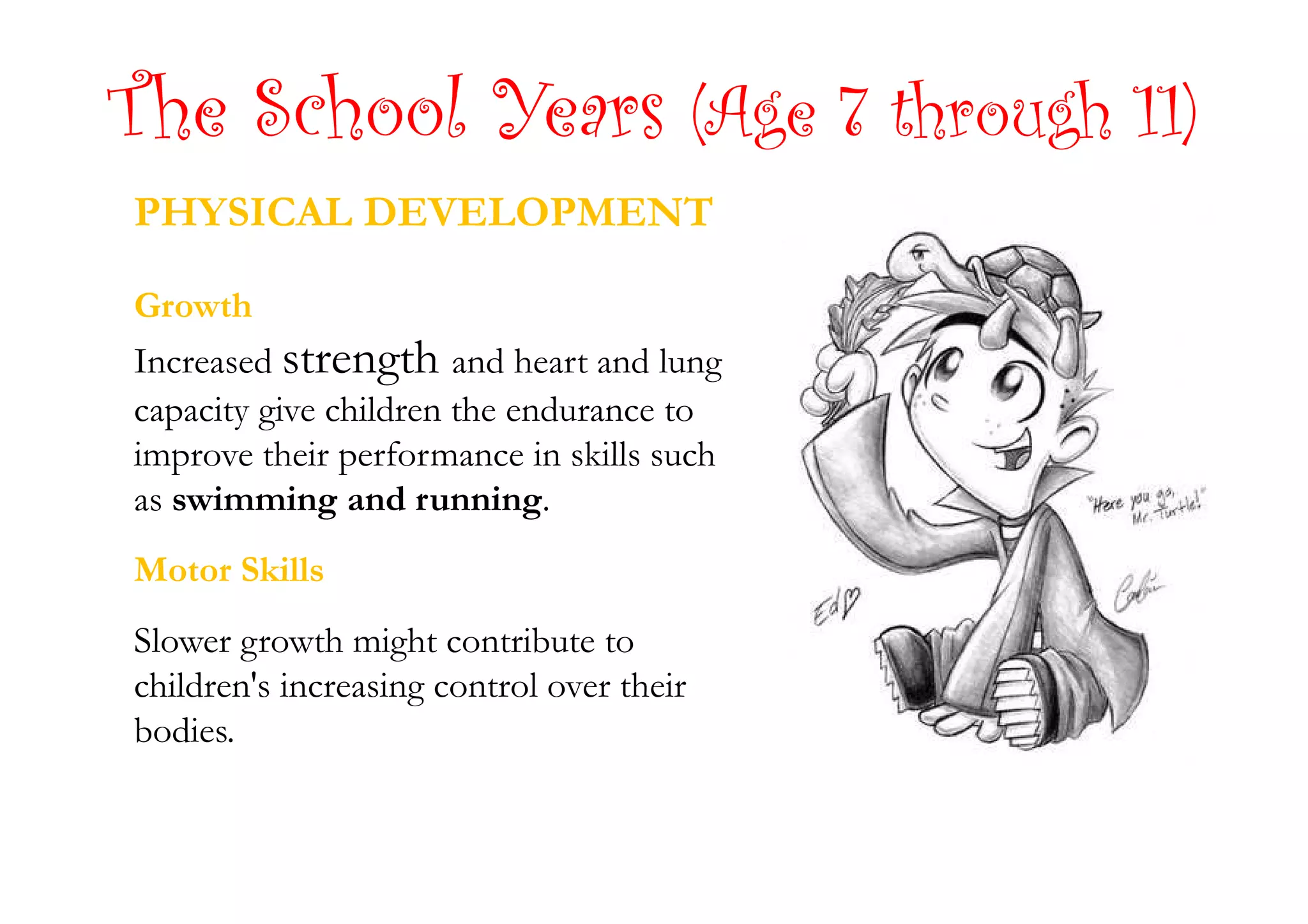 The School Years (Age 7 through 11)
PHYSICAL DEVELOPMENT
Growth
Increased strength and heart and lung
capacity give children the endurance to
improve their performance in skills suchimprove their performance in skills such
as swimming and running.
Motor Skills
Slower growth might contribute to
children's increasing control over their
bodies.
 