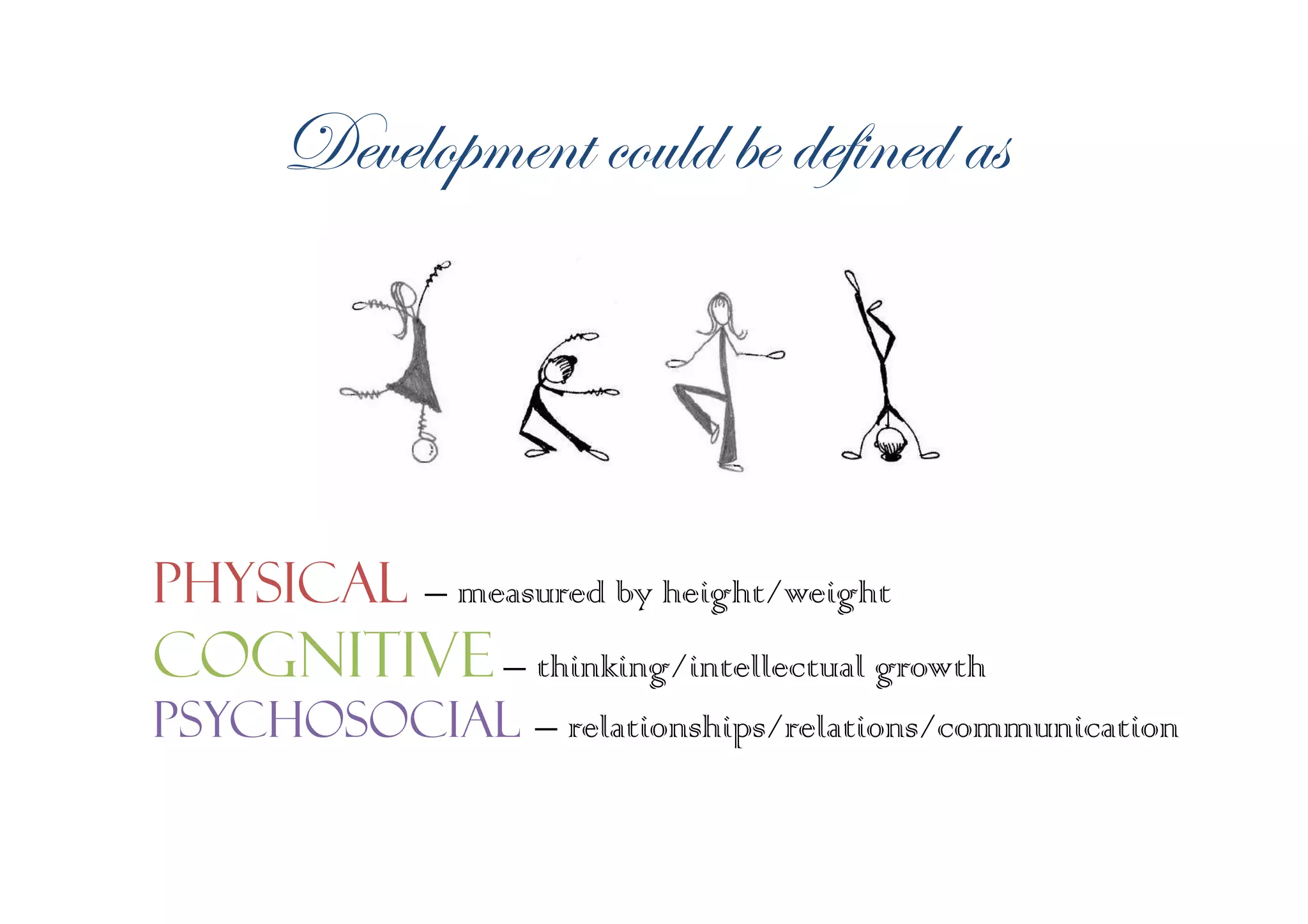 WxäxÄÉÑÅxÇà vÉâÄw ux wxy|Çxw tá
Physical – measured by height/weight
Cognitive – thinking/intellectual growth
Psychosocial – relationships/relations/communication
 