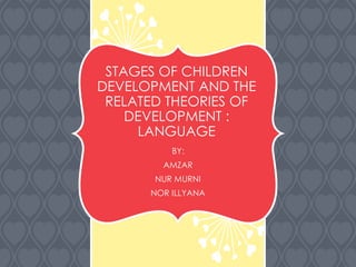 STAGES OF CHILDREN
DEVELOPMENT AND THE
RELATED THEORIES OF
DEVELOPMENT :
LANGUAGE
BY:
AMZAR
NUR MURNI
NOR ILLYANA
 