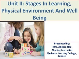 Unit II: Stages In Learning,
Physical Environment And Well
Being
Presented By:
Mrs. Abeera Naz
Nursing Instructor
Shalamar Nursing College,
Lahore
 