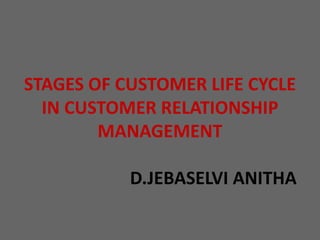STAGES OF CUSTOMER LIFE CYCLE
IN CUSTOMER RELATIONSHIP
MANAGEMENT
D.JEBASELVI ANITHA
 