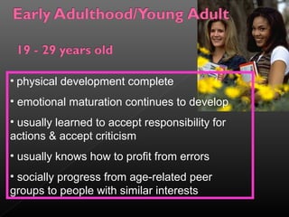 • physical development complete 
• emotional maturation continues to develop 
• usually learned to accept responsibility for 
actions & accept criticism 
• usually knows how to profit from errors 
• socially progress from age-related peer 
groups to people with similar interests 
 