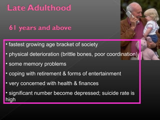 • fastest growing age bracket of society 
• physical deterioration (brittle bones, poor coordination) 
• some memory problems 
• coping with retirement & forms of entertainment 
• very concerned with health & finances 
• significant number become depressed; suicide rate is 
high 
 