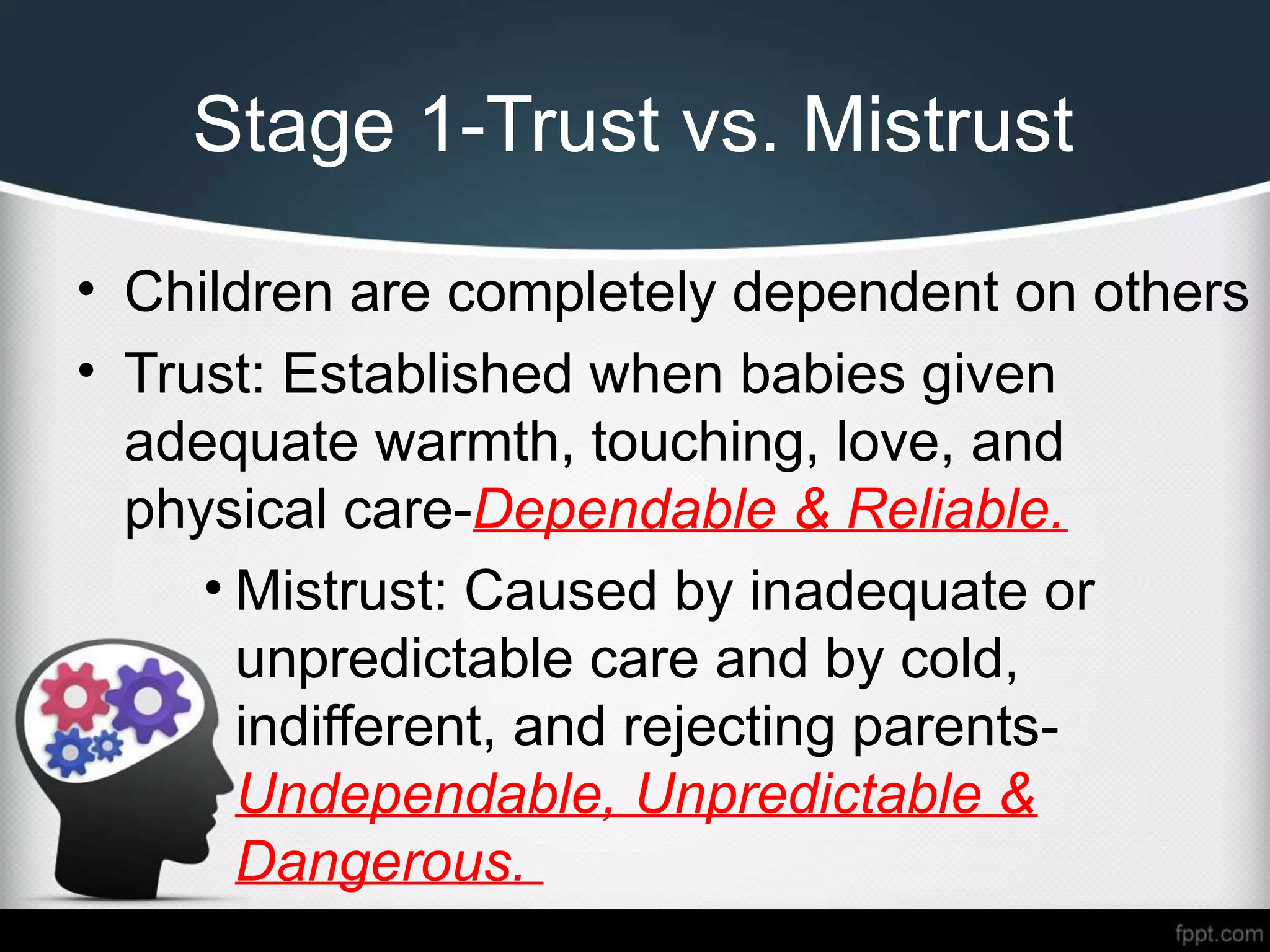 Stage 1-Trust vs. Mistrust
• Children are completely dependent on others
• Trust: Established when babies given
adequate warmth, touching, love, and
physical care-Dependable & Reliable.
• Mistrust: Caused by inadequate or
unpredictable care and by cold,
indifferent, and rejecting parents-
Undependable, Unpredictable &
Dangerous.
 
