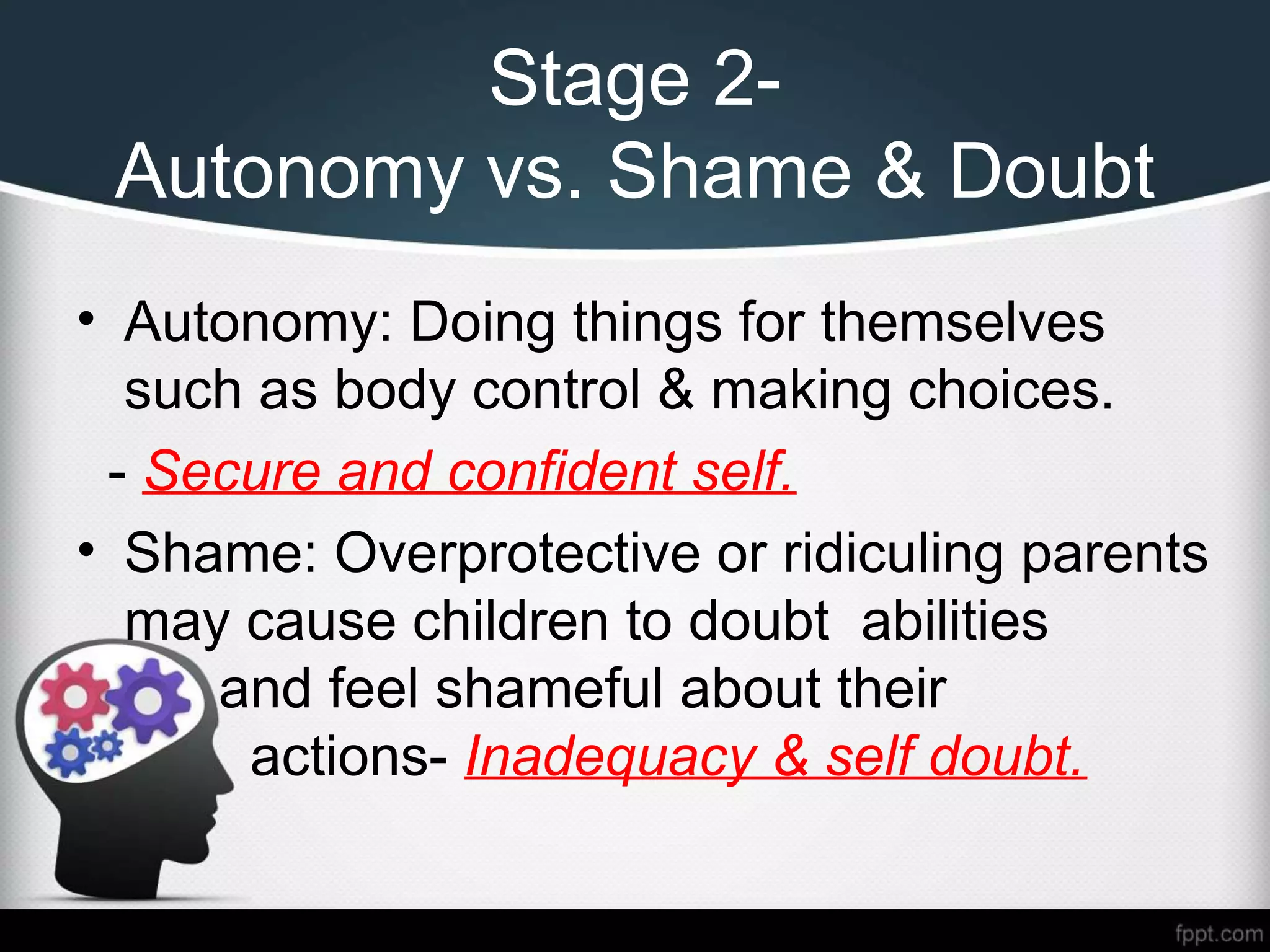 Stage 2-
Autonomy vs. Shame & Doubt
• Autonomy: Doing things for themselves
such as body control & making choices.
- Secure and confident self.
• Shame: Overprotective or ridiculing parents
may cause children to doubt abilities
and feel shameful about their
actions- Inadequacy & self doubt.
 