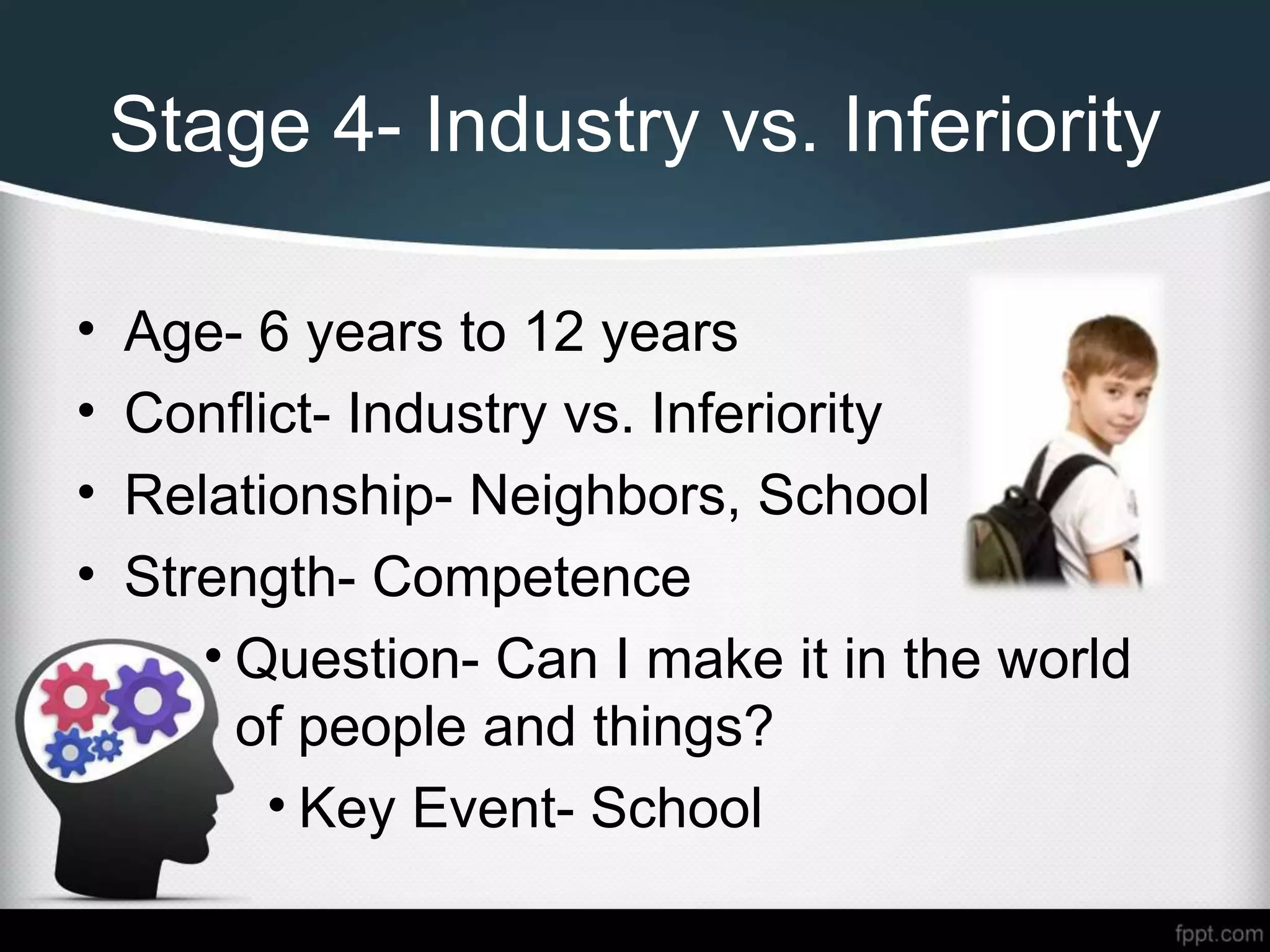 Stage 4- Industry vs. Inferiority
• Age- 6 years to 12 years
• Conflict- Industry vs. Inferiority
• Relationship- Neighbors, School
• Strength- Competence
• Question- Can I make it in the world
of people and things?
• Key Event- School
 