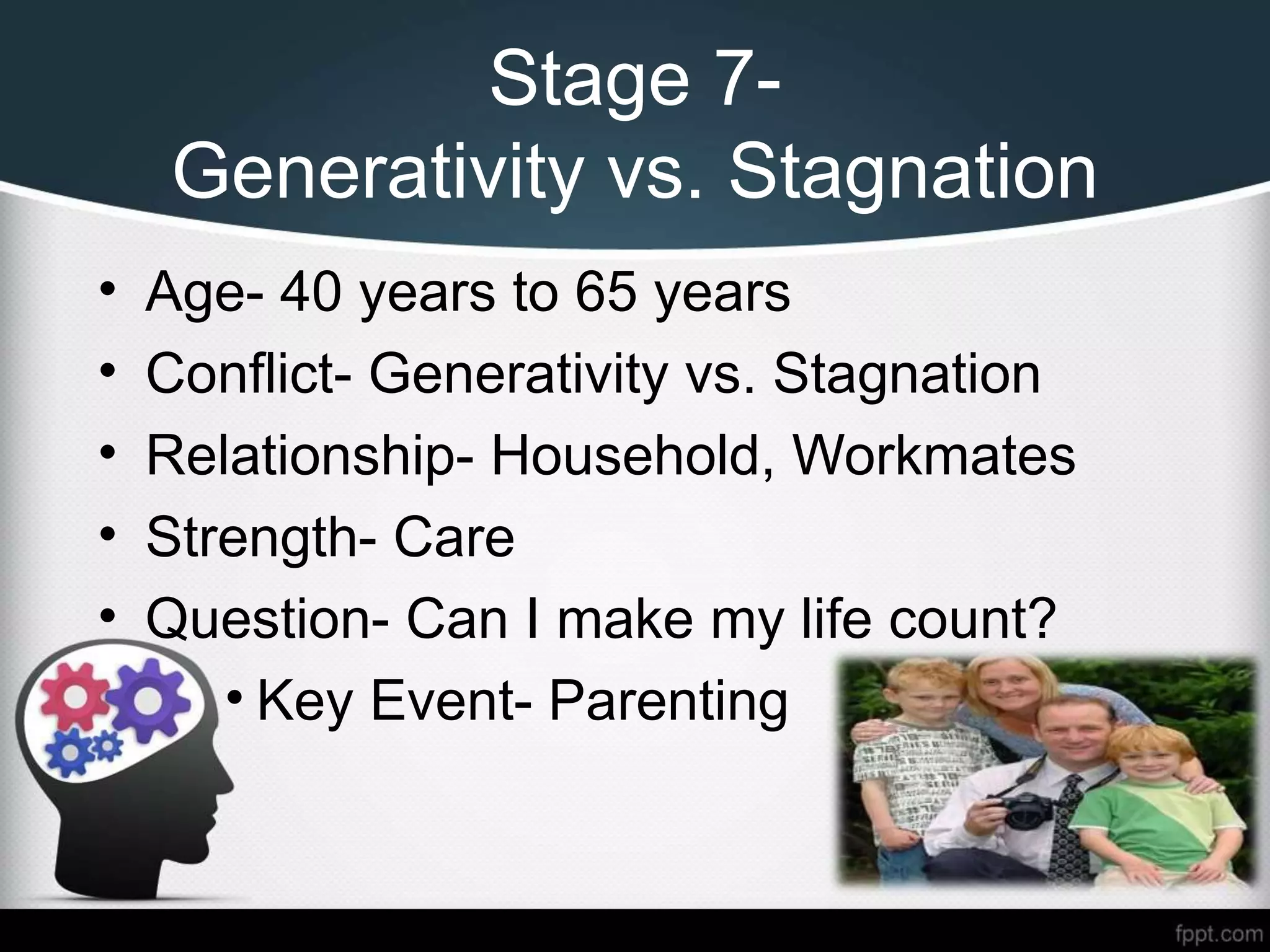 Stage 7-
Generativity vs. Stagnation
• Age- 40 years to 65 years
• Conflict- Generativity vs. Stagnation
• Relationship- Household, Workmates
• Strength- Care
• Question- Can I make my life count?
• Key Event- Parenting
 